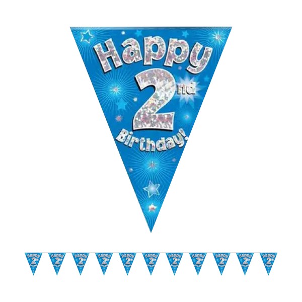 Holographic Happy 2nd Birthday Party Bunting (Blue) Holographic Happy 2nd Birthday Party Bunting (Blue)
