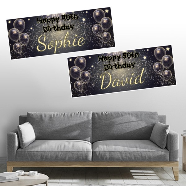 Black & Gold Balloon Personalised  Birthday Banners