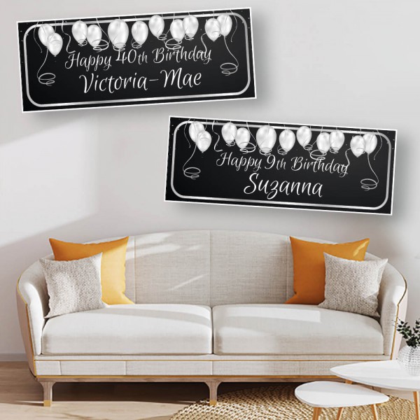 Silvery Balloon & Streamers Personalised Birthday Banners